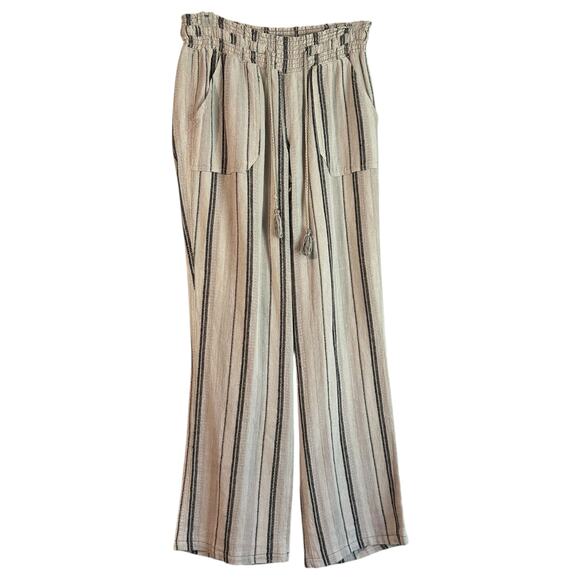 Rewash Brand Women's SZ S Linen Blend Pants Striped Beige Brown Straight Leg - Picture 2 of 8